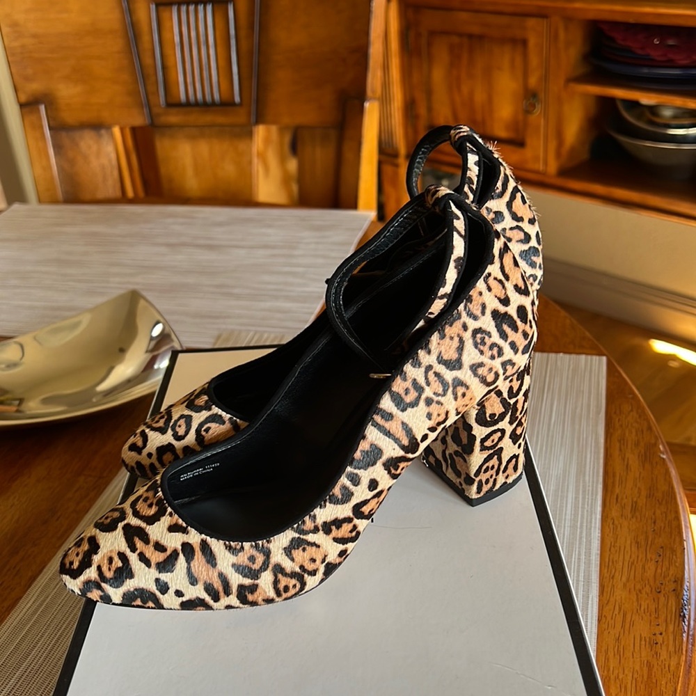 White House Black Market Leopard heels with ankle strap.